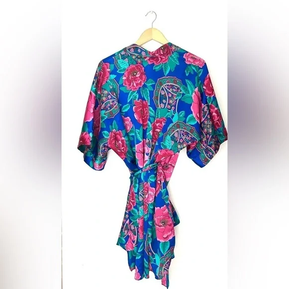 Kathryn Vibrant Vintage 80’Baroque Floral Jewel Tone Satin Lingerie Kimono Robe - Picture 1 of 7